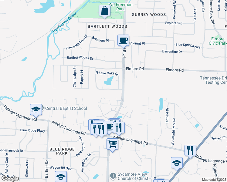 map of restaurants, bars, coffee shops, grocery stores, and more near 5760 South Lake Oaks Drive in Bartlett