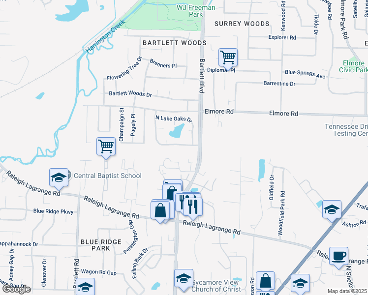 map of restaurants, bars, coffee shops, grocery stores, and more near 5760 South Lake Oaks Drive in Bartlett
