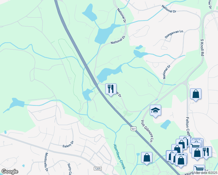 map of restaurants, bars, coffee shops, grocery stores, and more near 126 National Drive in Pinehurst