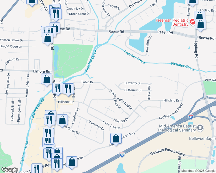 map of restaurants, bars, coffee shops, grocery stores, and more near 7075 Butternut Cove in Memphis