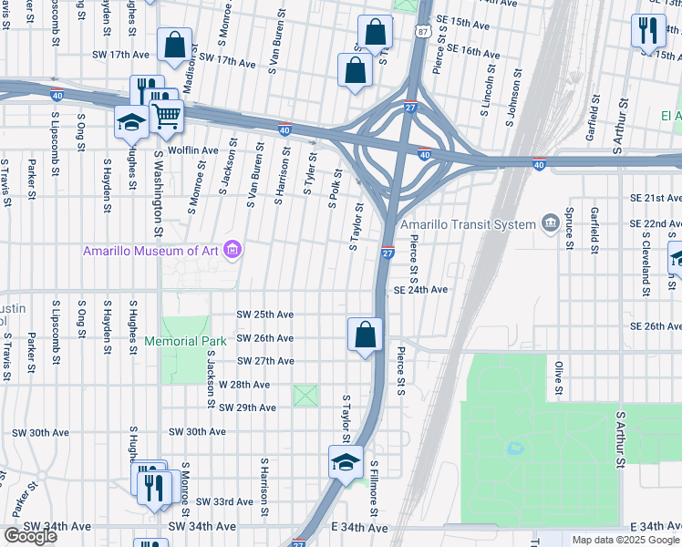 map of restaurants, bars, coffee shops, grocery stores, and more near 2213 South Taylor Street in Amarillo