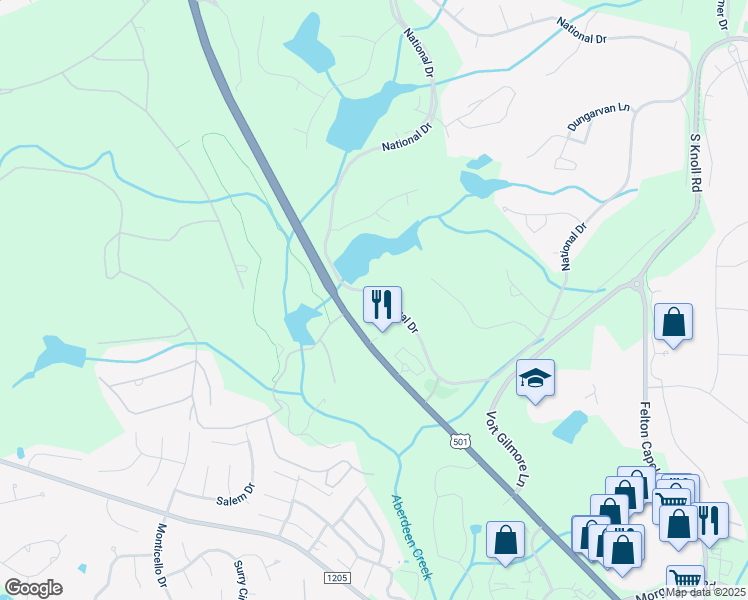 map of restaurants, bars, coffee shops, grocery stores, and more near 126 National Drive in Pinehurst