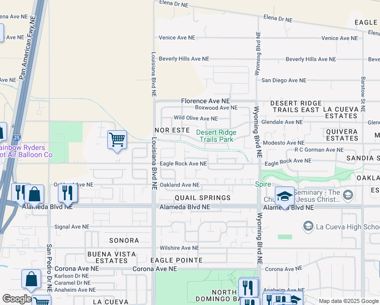 map of restaurants, bars, coffee shops, grocery stores, and more near 9920 Desert Sun Road Northeast in Albuquerque