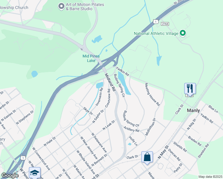 map of restaurants, bars, coffee shops, grocery stores, and more near 475 Crestview Road in Southern Pines