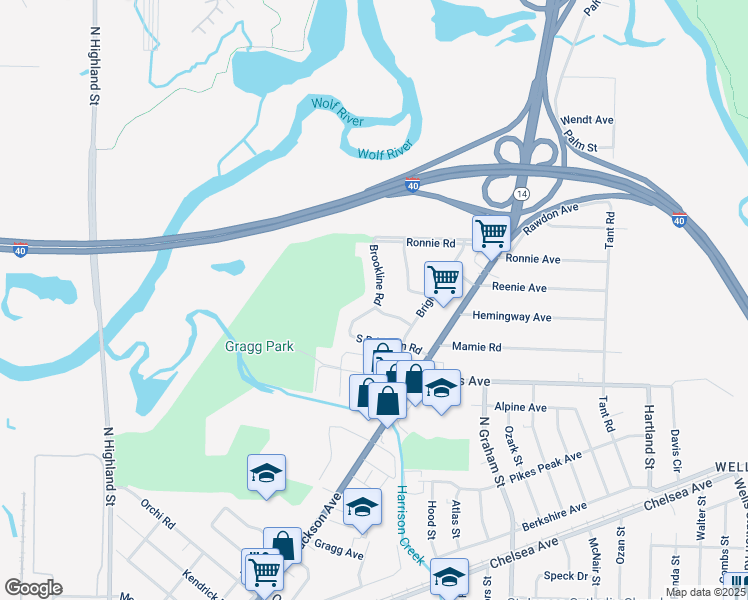 map of restaurants, bars, coffee shops, grocery stores, and more near 2059 Brookline Road in Memphis