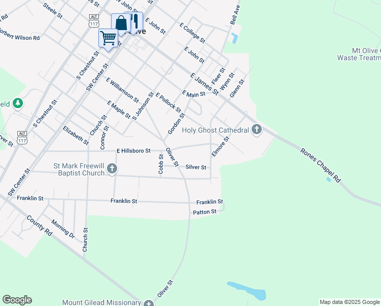 map of restaurants, bars, coffee shops, grocery stores, and more near 522 East Hillsboro Street in Mount Olive