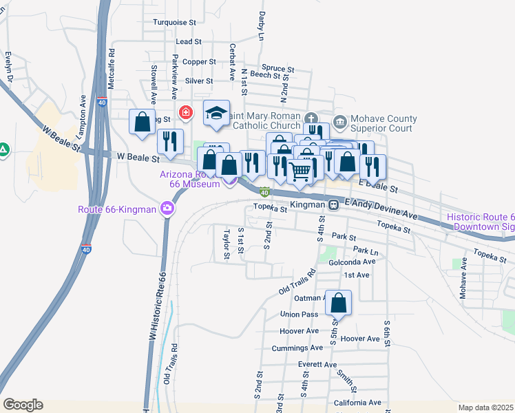 map of restaurants, bars, coffee shops, grocery stores, and more near 8 Topeka Street in Kingman