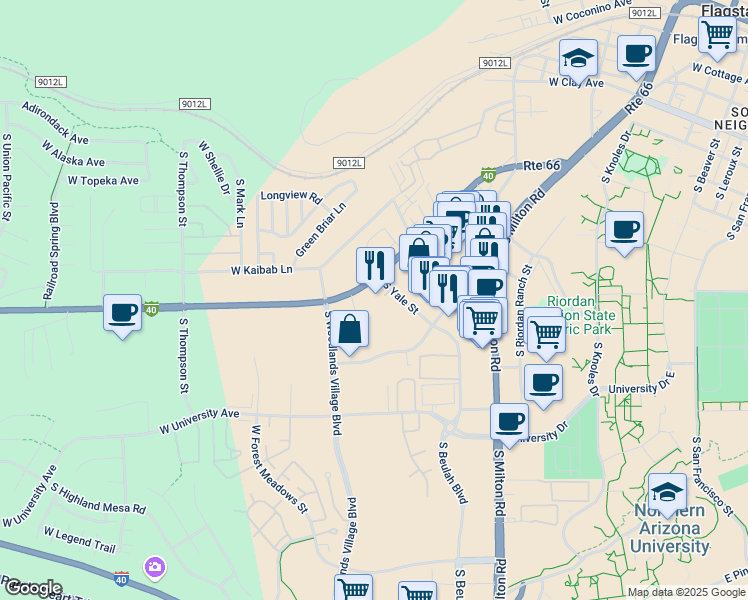 map of restaurants, bars, coffee shops, grocery stores, and more near 1322 South Yale Street in Flagstaff