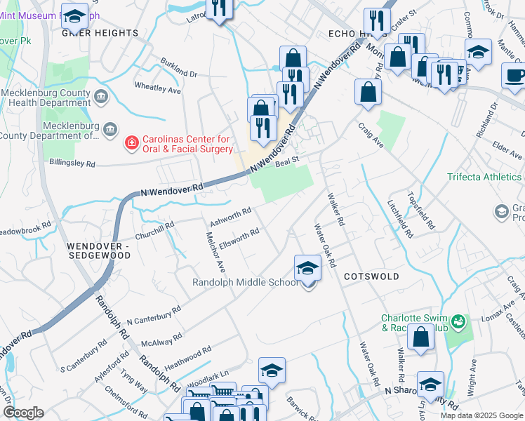 map of restaurants, bars, coffee shops, grocery stores, and more near 608 Ashworth Road in Charlotte