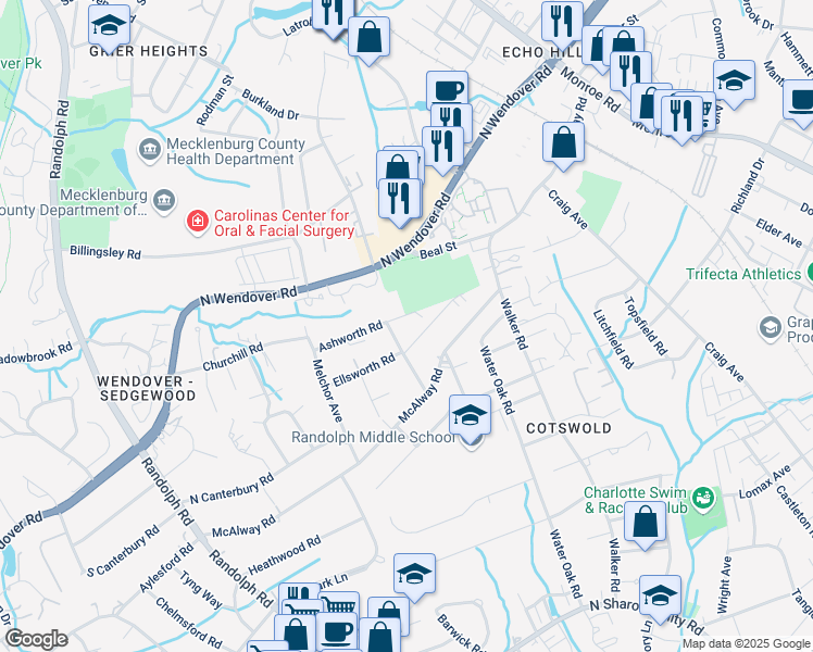 map of restaurants, bars, coffee shops, grocery stores, and more near 611 Ashworth Road in Charlotte