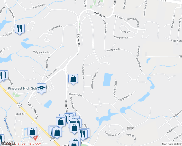 map of restaurants, bars, coffee shops, grocery stores, and more near 5 East Dogwood Lane in Southern Pines