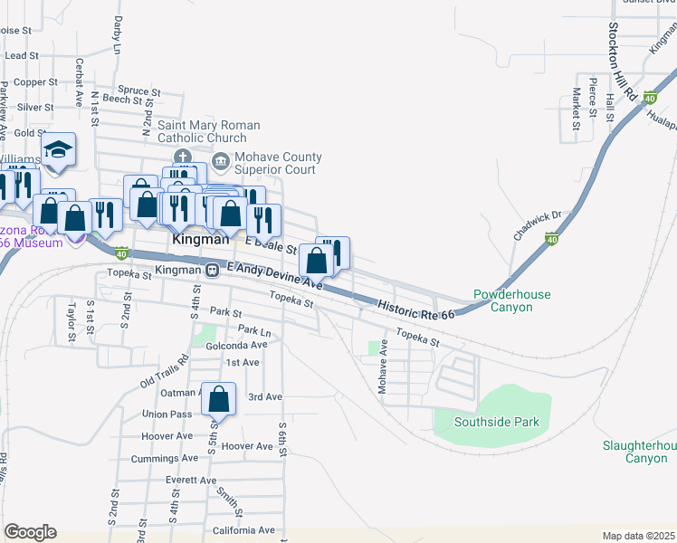 map of restaurants, bars, coffee shops, grocery stores, and more near 722 East Beale Street in Kingman