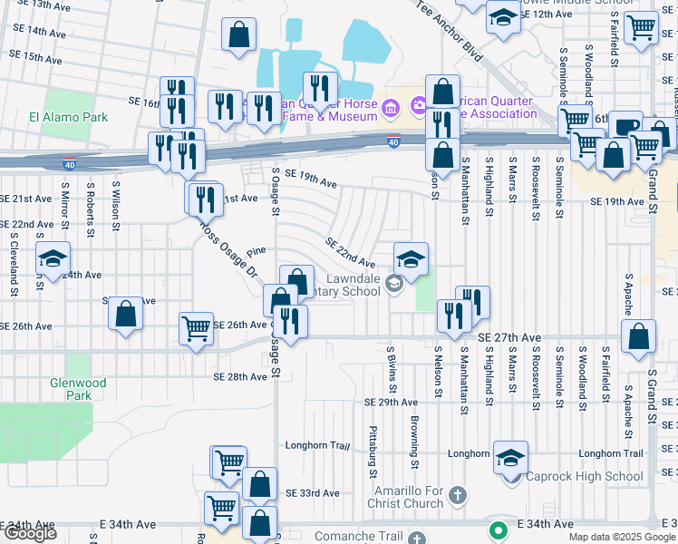 map of restaurants, bars, coffee shops, grocery stores, and more near 2223 Southeast 27th Avenue in Amarillo