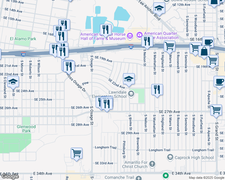 map of restaurants, bars, coffee shops, grocery stores, and more near 2223 Southeast 27th Avenue in Amarillo