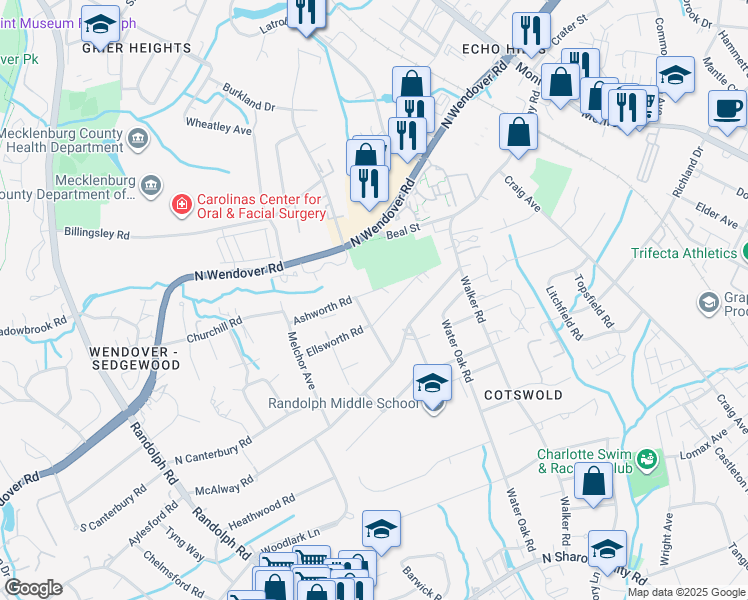 map of restaurants, bars, coffee shops, grocery stores, and more near 611 Ashworth Road in Charlotte