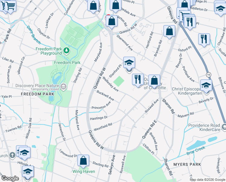 map of restaurants, bars, coffee shops, grocery stores, and more near 2199 Wellesley Avenue in Charlotte