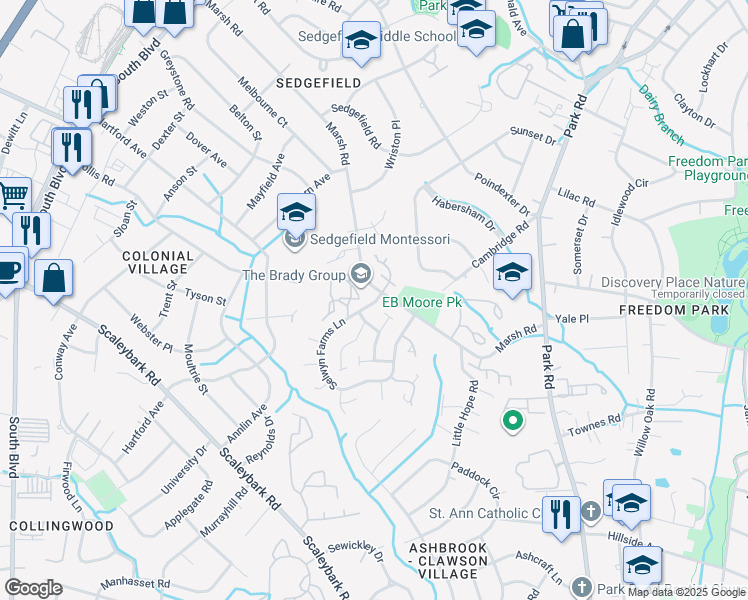 map of restaurants, bars, coffee shops, grocery stores, and more near 3204 Selwyn Farms Lane in Charlotte