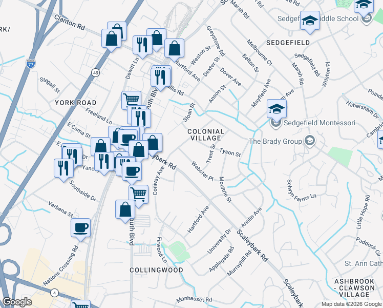 map of restaurants, bars, coffee shops, grocery stores, and more near 311 Webster Place in Charlotte