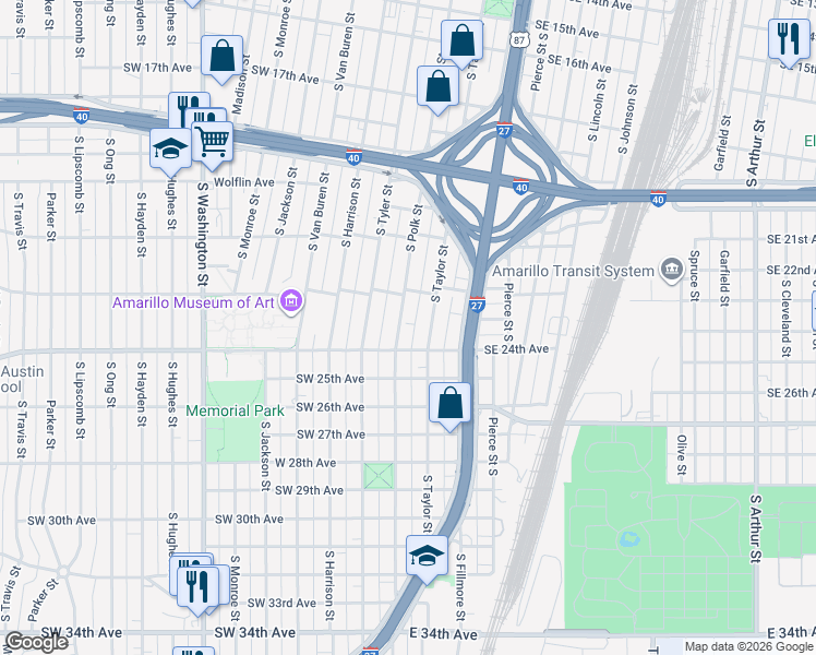 map of restaurants, bars, coffee shops, grocery stores, and more near 2217 South Polk Street in Amarillo