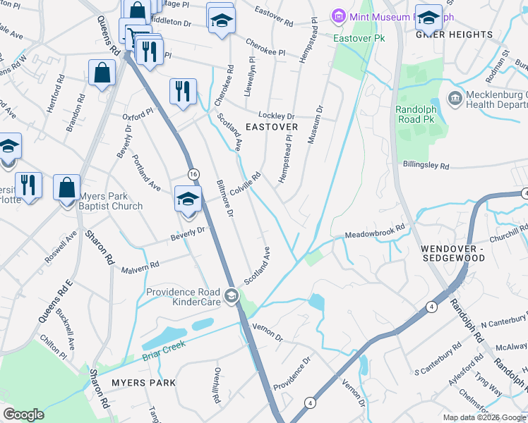 map of restaurants, bars, coffee shops, grocery stores, and more near 1510 Twiford Place in Charlotte
