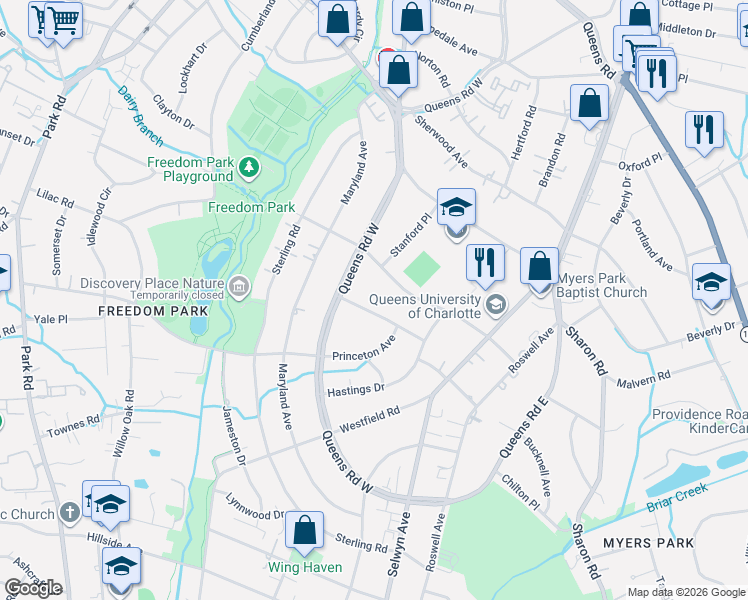 map of restaurants, bars, coffee shops, grocery stores, and more near 2025 Bucknell Avenue in Charlotte