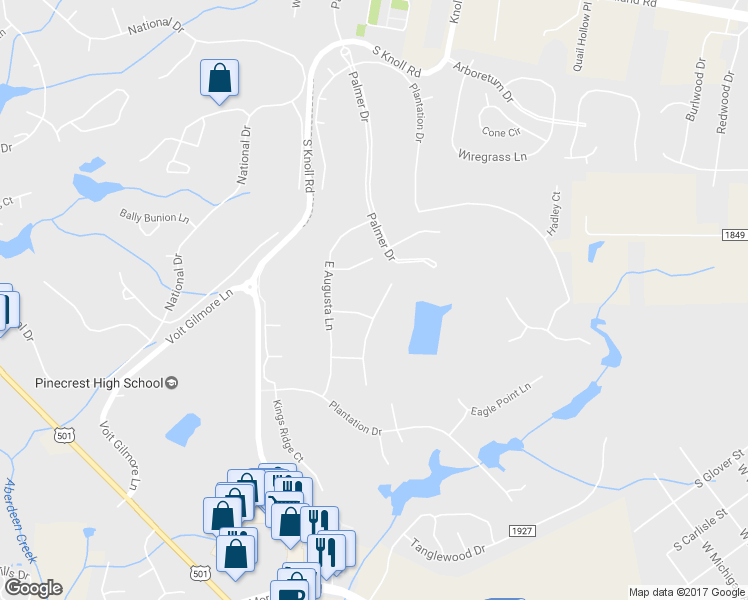 map of restaurants, bars, coffee shops, grocery stores, and more near 15 Masters Ridge in Southern Pines
