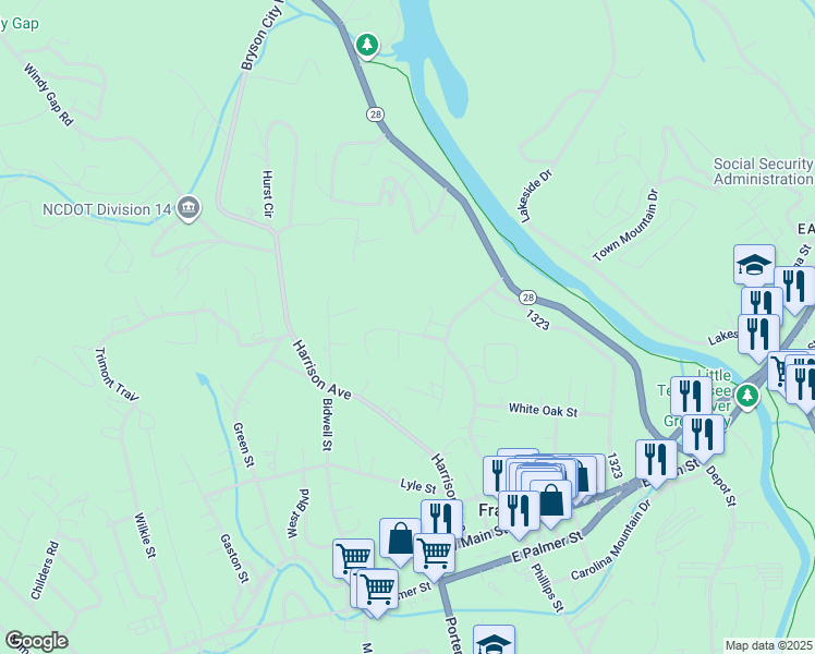 map of restaurants, bars, coffee shops, grocery stores, and more near 91 Crisp Street in Franklin