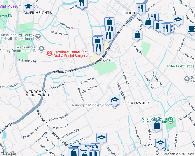 map of restaurants, bars, coffee shops, grocery stores, and more near 608 Ashworth Road in Charlotte