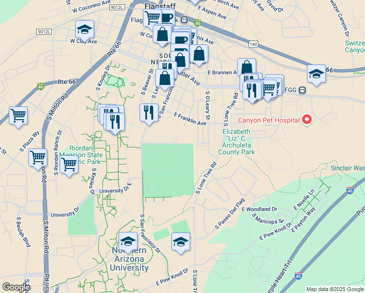 map of restaurants, bars, coffee shops, grocery stores, and more near 1050 South San Francisco Street in Flagstaff