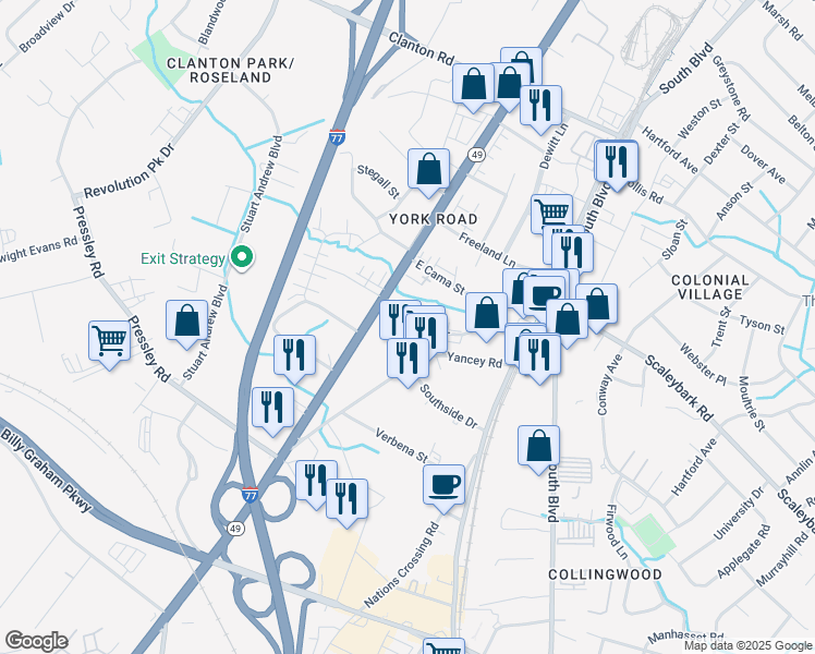 map of restaurants, bars, coffee shops, grocery stores, and more near 335 West Peterson Drive in Charlotte