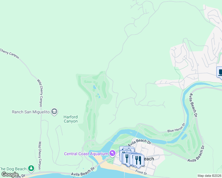 map of restaurants, bars, coffee shops, grocery stores, and more near 3195 Lupine Canyon Road in Avila Beach