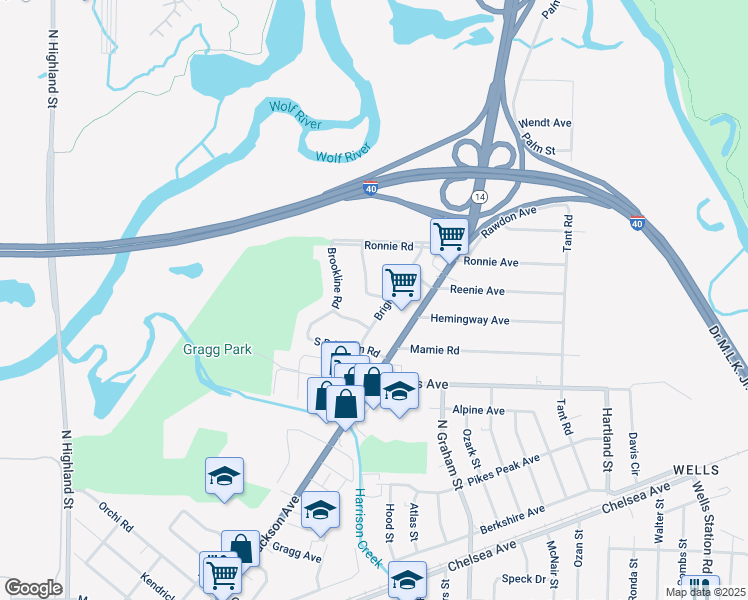map of restaurants, bars, coffee shops, grocery stores, and more near 3879 Charleston Road in Memphis