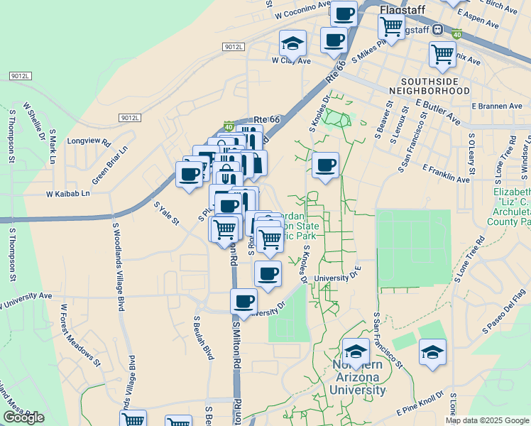 map of restaurants, bars, coffee shops, grocery stores, and more near 1200 South Riordan Ranch Street in Flagstaff