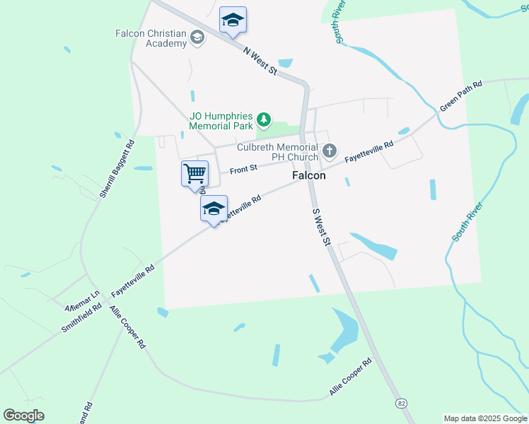 map of restaurants, bars, coffee shops, grocery stores, and more near 8328 Fayetteville Road in Falcon