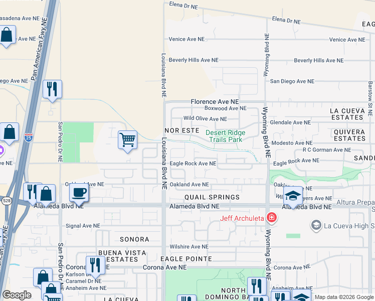map of restaurants, bars, coffee shops, grocery stores, and more near 9024 Jasper Drive Northeast in Albuquerque