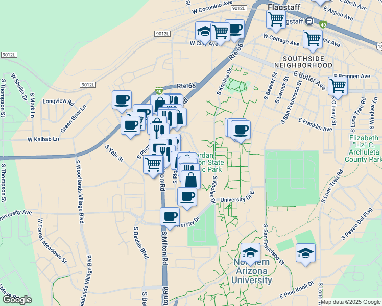 map of restaurants, bars, coffee shops, grocery stores, and more near 1200 South Riordan Ranch Street in Flagstaff