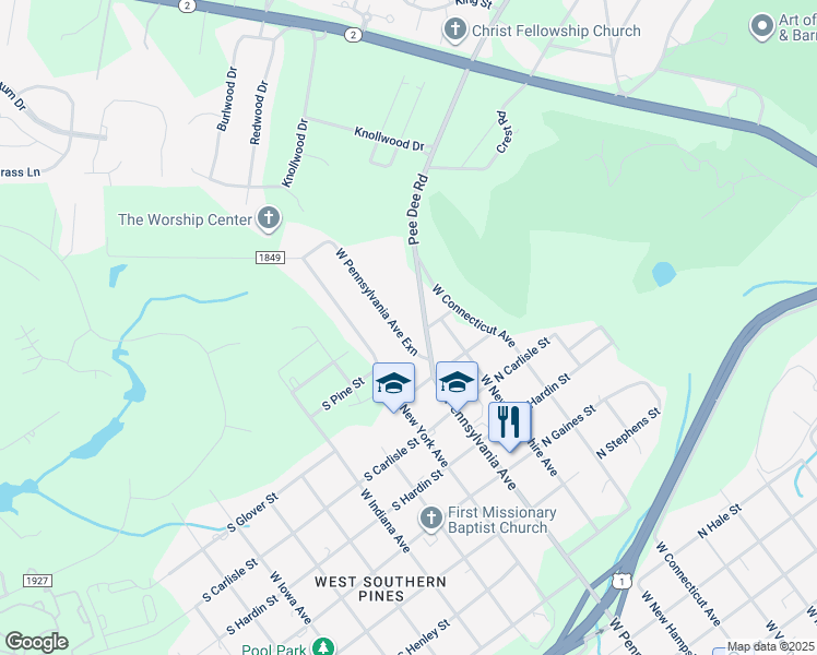 map of restaurants, bars, coffee shops, grocery stores, and more near 1433 West Pennsylvania Avenue in Southern Pines