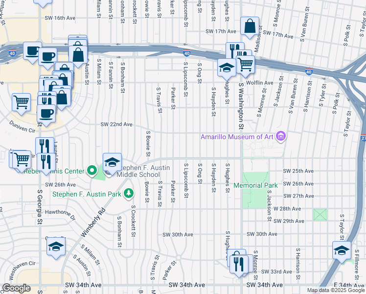 map of restaurants, bars, coffee shops, grocery stores, and more near 2210 South Lipscomb Street in Amarillo