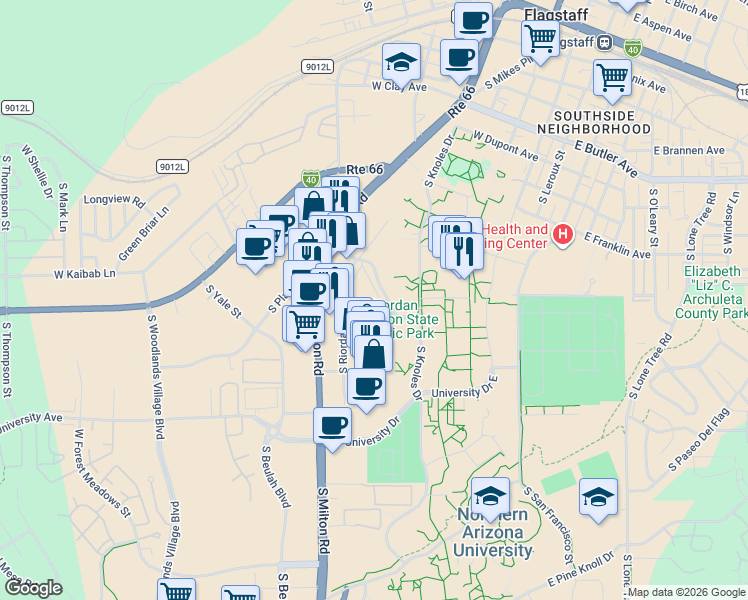 map of restaurants, bars, coffee shops, grocery stores, and more near 1115 Knoles Drive in Flagstaff