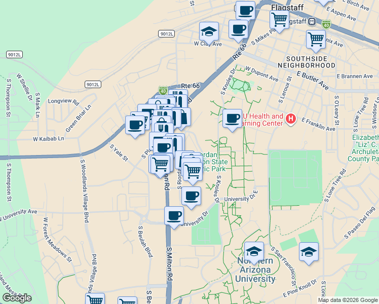 map of restaurants, bars, coffee shops, grocery stores, and more near 1200 South Riordan Ranch Street in Flagstaff