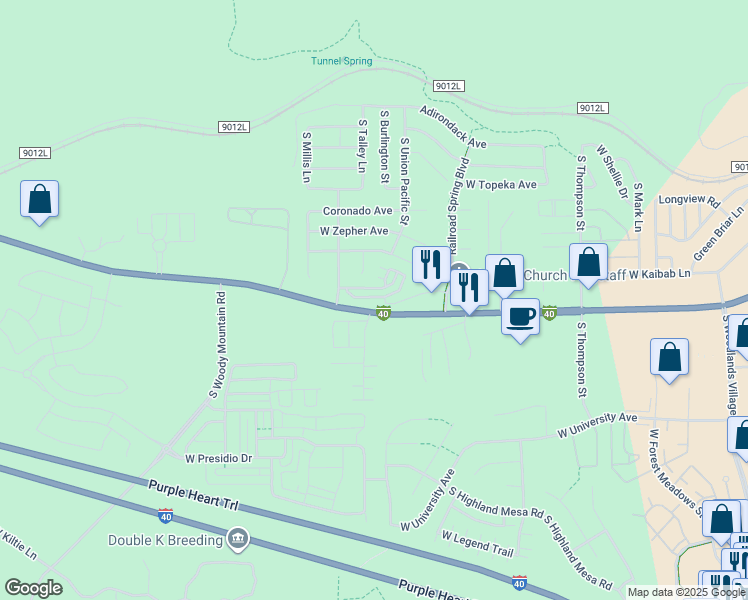 map of restaurants, bars, coffee shops, grocery stores, and more near 2506 West Cripple Creek Drive in Flagstaff