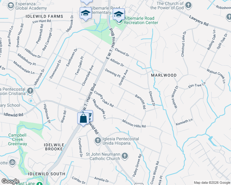 map of restaurants, bars, coffee shops, grocery stores, and more near 4506 Elm Field Court in Charlotte