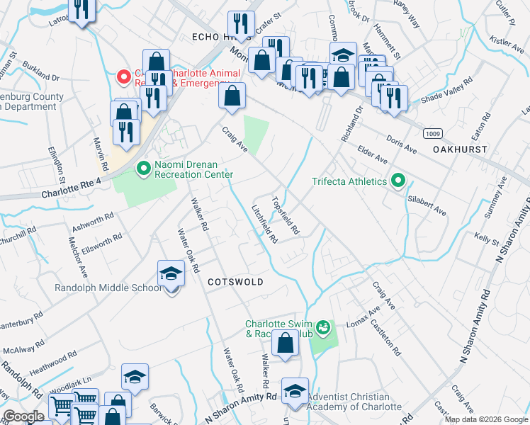 map of restaurants, bars, coffee shops, grocery stores, and more near in Charlotte