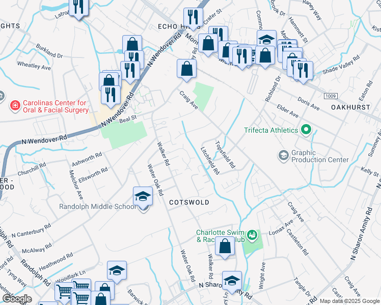 map of restaurants, bars, coffee shops, grocery stores, and more near 3704 Litchfield Road in Charlotte