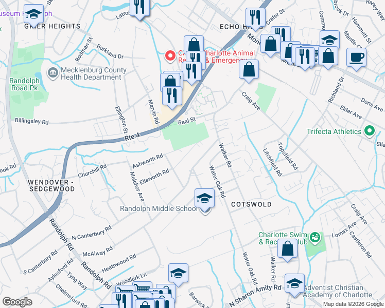map of restaurants, bars, coffee shops, grocery stores, and more near in Charlotte