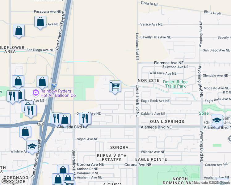 map of restaurants, bars, coffee shops, grocery stores, and more near 6700 Modesto Avenue in Albuquerque