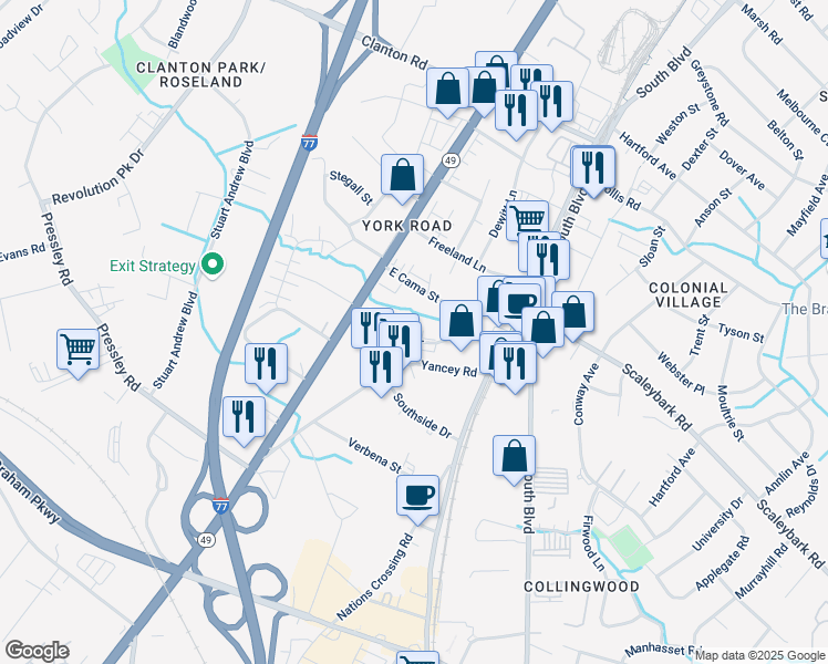 map of restaurants, bars, coffee shops, grocery stores, and more near 306 Peterson Drive in Charlotte