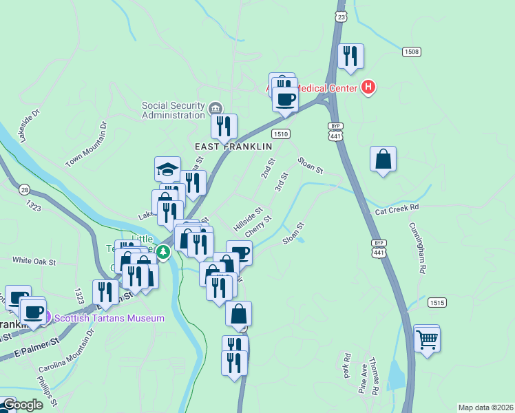 map of restaurants, bars, coffee shops, grocery stores, and more near 57 Cherry Street in Franklin