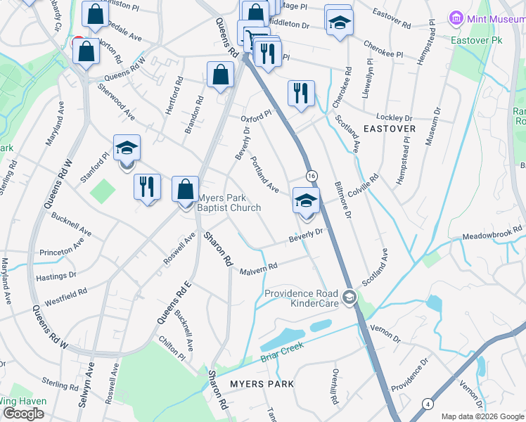 map of restaurants, bars, coffee shops, grocery stores, and more near 2619 Sherwood Avenue in Charlotte