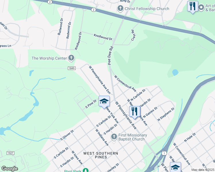 map of restaurants, bars, coffee shops, grocery stores, and more near 1433 West Pennsylvania Avenue in Southern Pines